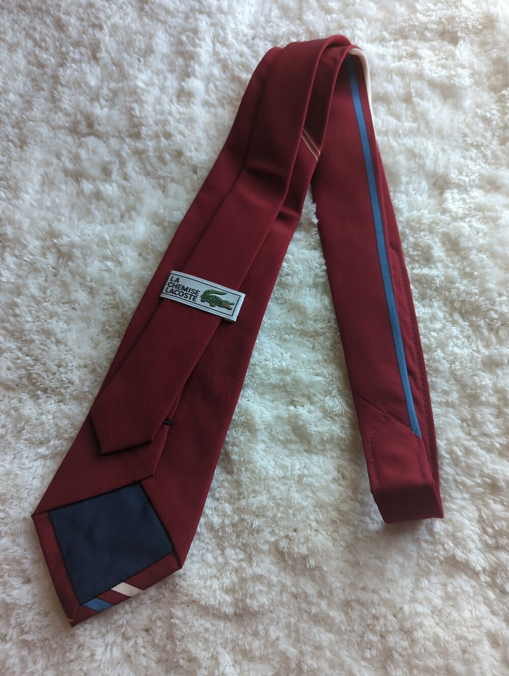 Lacoste Mens Burgundy Tie with Blue, White & Yellow Stripes Preppy American - Picture 2 of 2